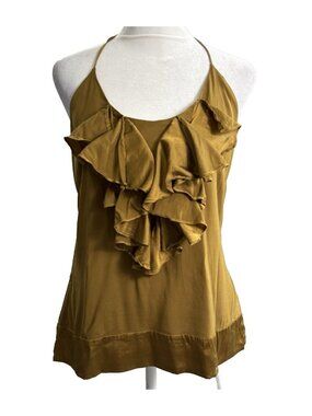 HALE BOB Women Silk Ruffle Ties at Neck Satin Chiffon Halter Top Sz M Gold 20-11